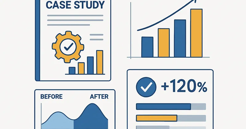 Digital case study documents and growth metrics illustration